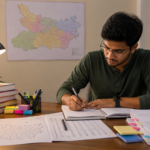 BPSC Mains 2026 preparation desk with books, notes, Bihar map, and answer-writing practice material.