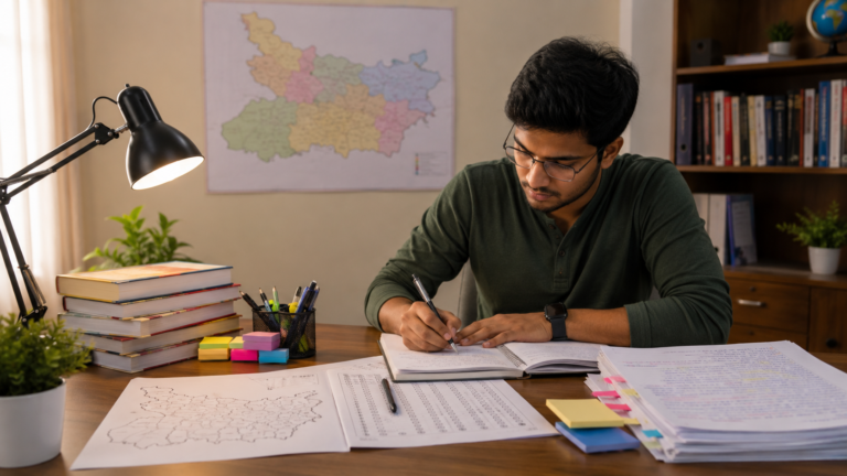 BPSC Mains 2026 preparation desk with books, notes, Bihar map, and answer-writing practice material.