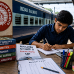Student preparing for Railway Group D exam with railway platform and study materials.