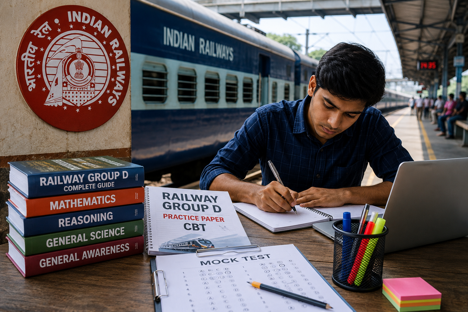 Student preparing for Railway Group D exam with railway platform and study materials.