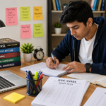 Indian student preparing for SSC CHSL exam with books, laptop, notes and mock test papers on a clean study desk