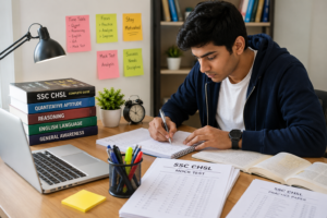 Indian student preparing for SSC CHSL exam with books, laptop, notes and mock test papers on a clean study desk