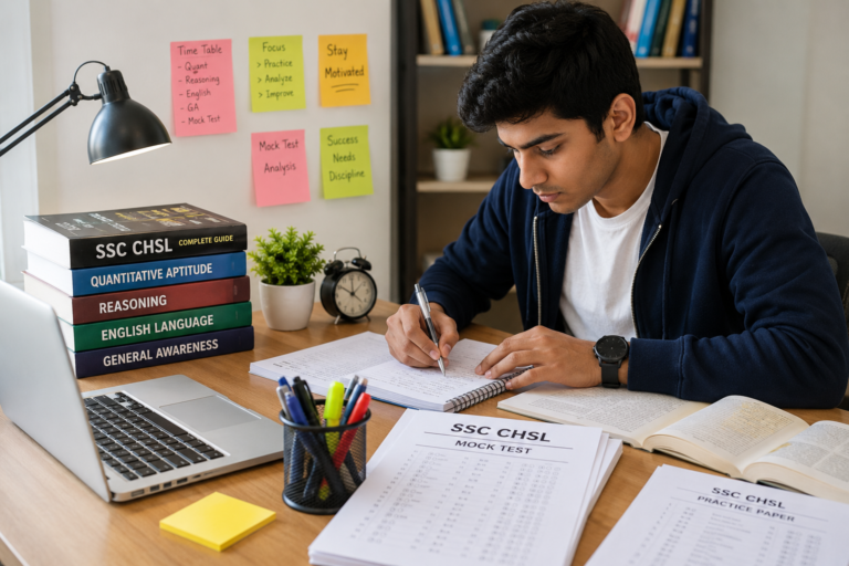 Indian student preparing for SSC CHSL exam with books, laptop, notes and mock test papers on a clean study desk