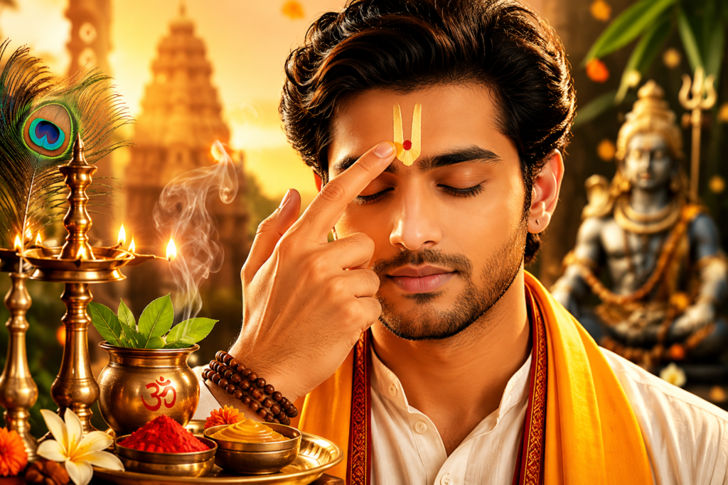 Hindu devotee applying sandalwood tilak on forehead during prayer