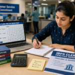Indian student preparing for IBPS Clerk Prelims and Mains with practice papers and online mock tests