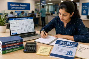 Indian student preparing for IBPS Clerk Prelims and Mains with practice papers and online mock tests