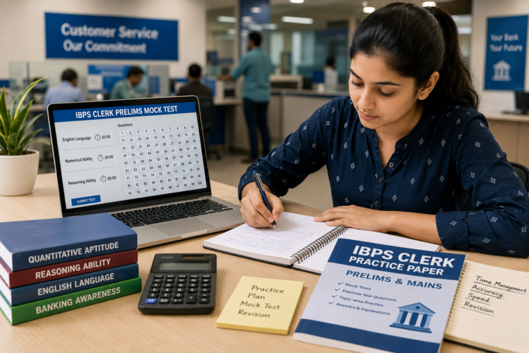 Indian student preparing for IBPS Clerk Prelims and Mains with practice papers and online mock tests