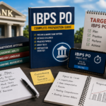 Indian student preparing for IBPS PO Prelims and Mains using practice papers and online mock tests.