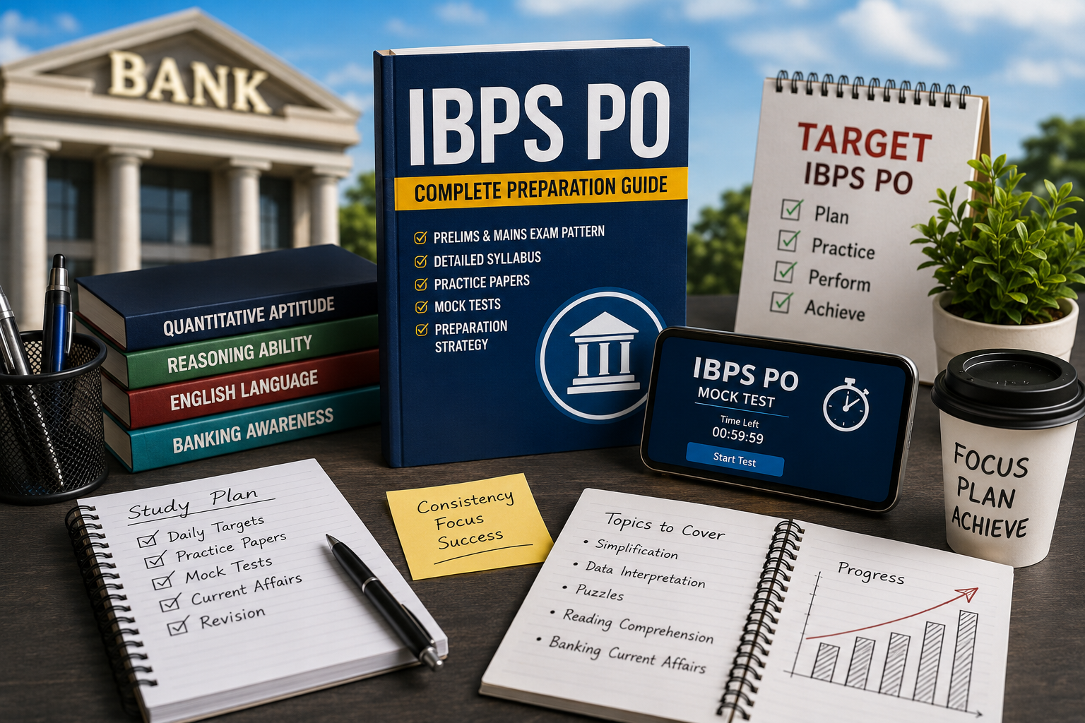 Indian student preparing for IBPS PO Prelims and Mains using practice papers and online mock tests.