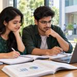 Two Indian students preparing for banking examinations with a laptop and study notes in a reading room.