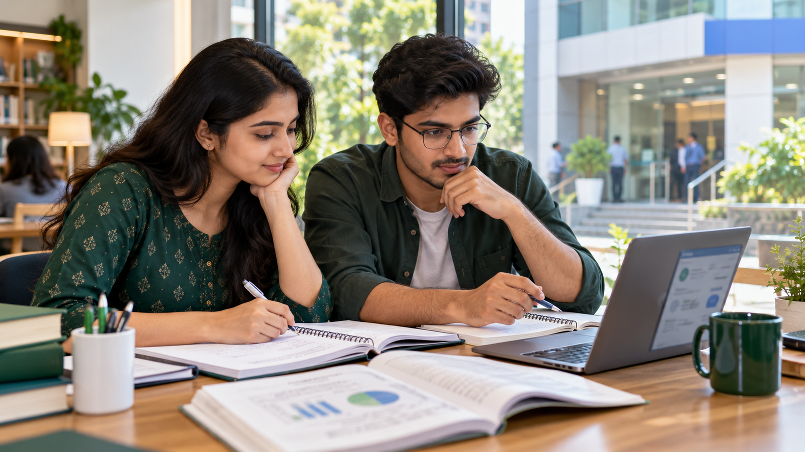 Two Indian students preparing for banking examinations with a laptop and study notes in a reading room.