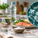 Glass of drinking water surrounded by fresh food, with an illustrative magnified view of microscopic plastic particles.