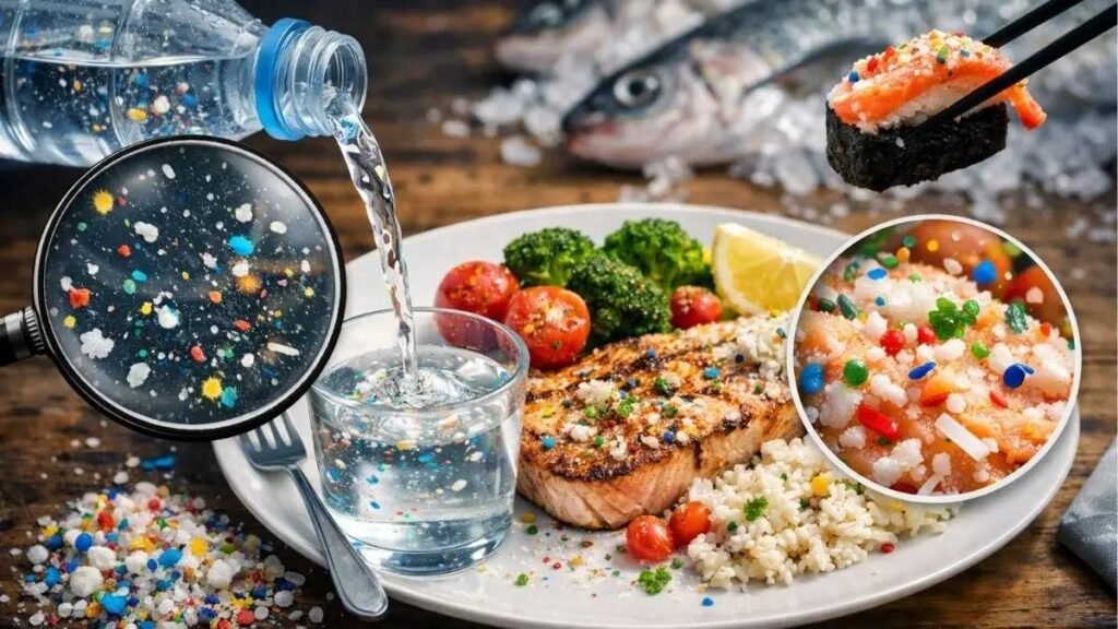 Glass of drinking water surrounded by fresh food, with an illustrative magnified view of microscopic plastic particles.
