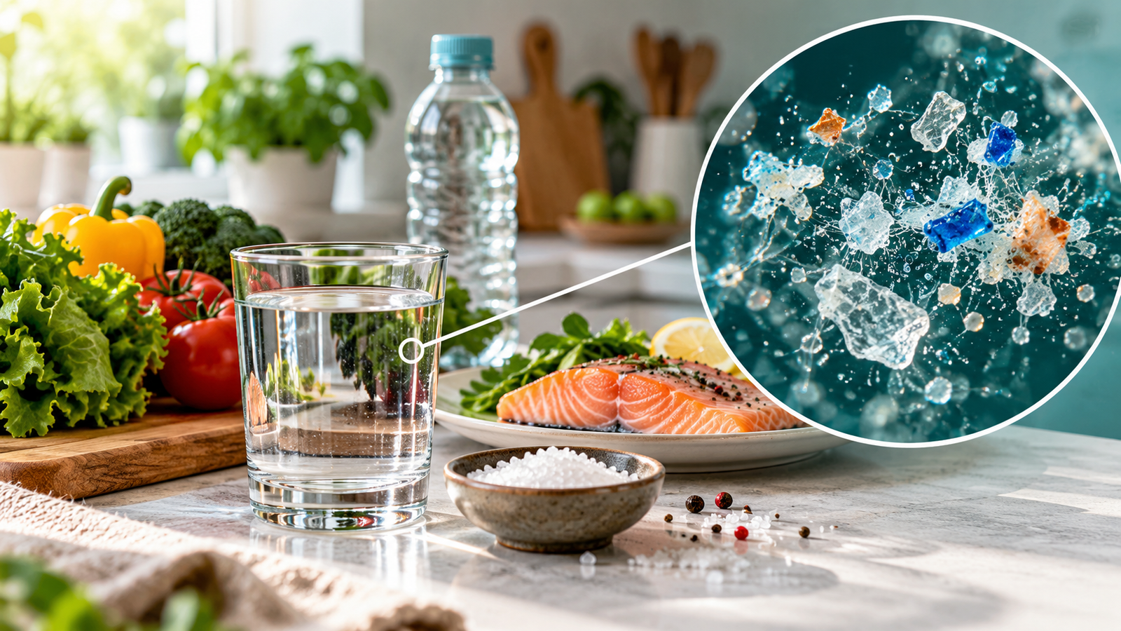 Glass of drinking water surrounded by fresh food, with an illustrative magnified view of microscopic plastic particles.
